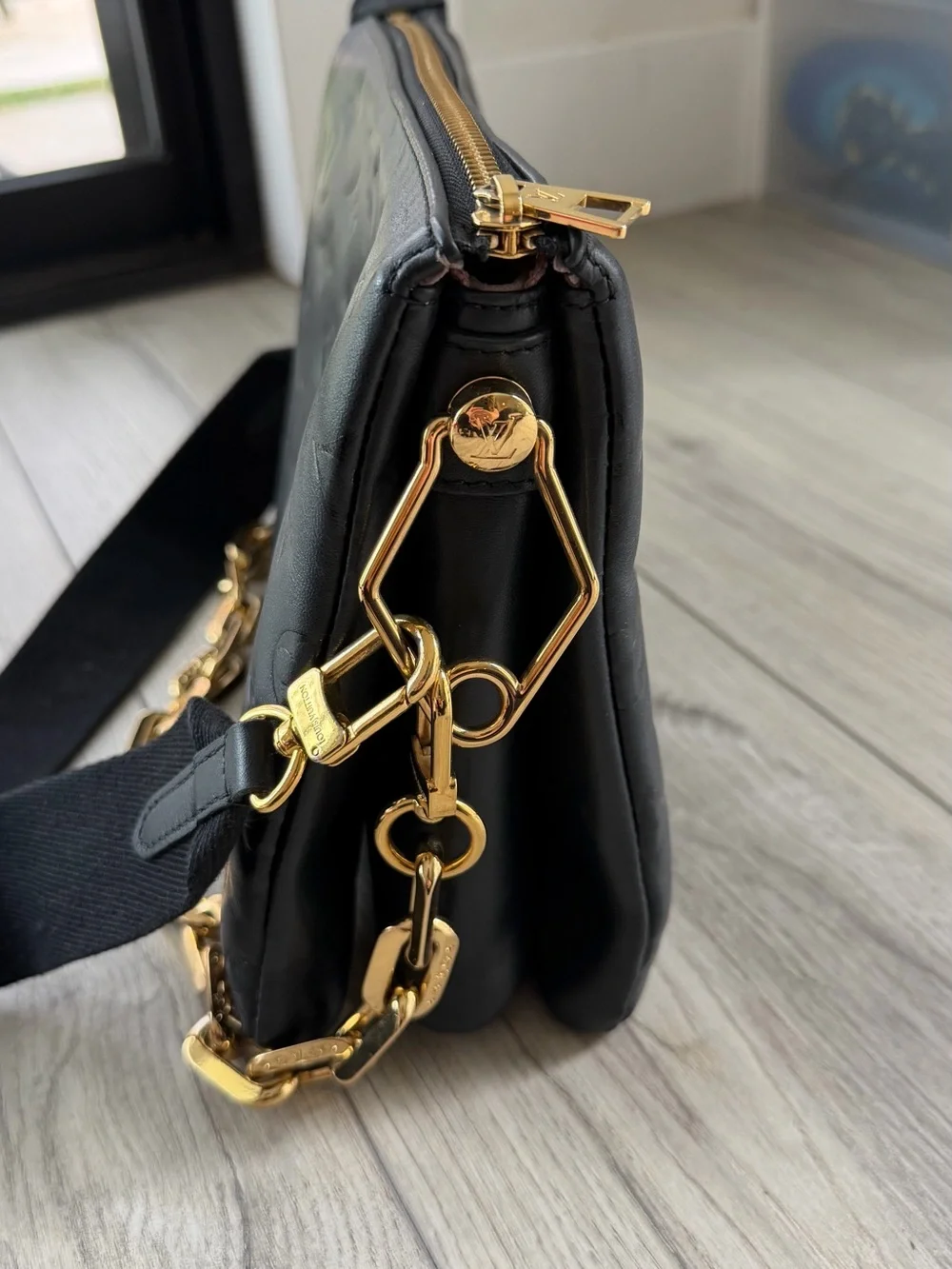 Louis Vuitton Black Monogram Embossed Crossbody with Gold Chain Strap